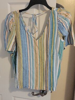Ann Taylor SzLg Striped Linen V-Neck ruffle Sleeve crop Top tie at back neck